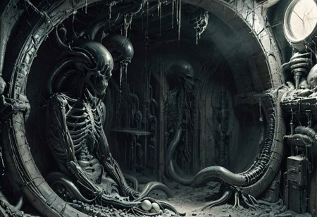 birthing room, cold, destitute, highly detailed, abandoned factory, enormous, metallic walls echo with the haunting hum of machinery long silenced, nightmares of cosmic gods, elongated limbs write with pulsating veins, translucent skin pulled tight over skull, cryogenic eggs laqurered in obsidian, network of luminescent tendrils, eyes multifaceted, unblinking, conveyor belt snakes through as eggs the size of a small car, are pushed out, gigantic, slick shiny black and grey, epic, collosus, megalomania, a grotesque nasty nightmarish queen, ventilator, forced to birth, giving birth to hundreds of grotesque beings, drones, scuttering, epic, mass of flesh, transparent eggs, veiny membrane, two scientists taking observing, taking note, tentacles, transparent slime, breathing tubes, skip clip:773, energy leech, tiny scientists are observing taking notes, latched on eggs with embryo, style of H. R. Giger, 
Highly detailed. FRESHIDEAS Sci-fi scenes, realistic, obscene, unappealing, hellish, gross, vats of flesh bubbling, unimaginable, scary, disgusted, cosmic horror, neonnightmare, crying, melting, giant skeletal skulls ofalien origin embedded in the rock face, metalic, cold, religious horror, color graded cinematic, eye catchlights, atmospheric lighting, macro shot, skin pores, imperfections