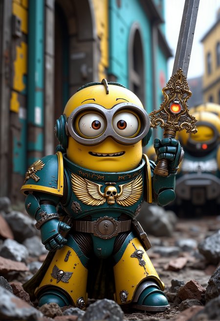 space marine. A fierce but tiny Minion dressed in elaborate Space Marine power armor, richly detailed, painted in bright Minion yellow and blue. The Minion is without a helmet (no helmet:2.0), showcasing their iconic Minion goggles, expressive eyes, and wide smile. The Minion is wielding a power sword with a glowing edge, banana-themed pommel and glowing runes. The Minion is depicted in a scene such as: standing triumphantly on a pile of rubble, raising a chainsword high, banana insignia glinting in the light. The Minion's expression is confused but confidently charging forward, goggles shining. The scene should be depicted in a colorful but gritty Warhammer 40k style, with bright yellows and blues to emphasize the Minionsâ classic color scheme. The armor and weapons are detailed with ornate designs, but humor is maintained through Minion-themed accessories and comical touches. Witty details include: banana motifs hidden within the armorâs design, particularly on the shoulder plates and chest. Background elements should resemble classic Warhammer 40k settings but with a humorous Minion twist, such as: a Land Raider tank with a banana launcher attached, painted in bright yellow and blue. , <lora:sm2.safetensors:1.0:1.0>