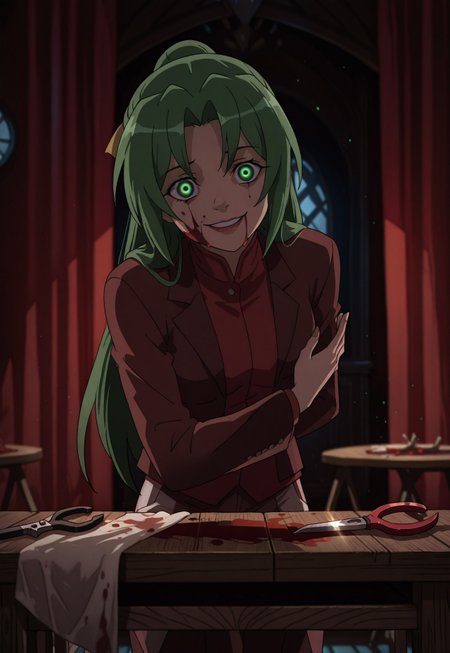 (motion lines:0.3), (motion blur:0.3), 

sonozaki shion, higurashi no naku koro ni,1girl, glowing green eyes, green hair, long hair, half updo,standing, butler bowing, intricate eyes, head tilt, (looking at viewer:1.2), blood on face, blood splatter, red curtains, fancy room, indoors, excessive blood, crazy eyes, surreal wide smile, 3/4 view,  bent forward, facing viewer, window, blurry background, 

negative space, dim background, dynamic backlighting, indirect lighting, 

red tint,spectral rays,Cinematic Lighting,light particles,dark red theme, shadow, close-up, face focus, illuminating face, wooden table, tools on table, scissor, pliers,crowbar, white table cloth,

accurate anatomy,  dynamic light, velvet theme, vibrant colors, soft focus, high contrast, laminate floor,

textured surfaces, depth of field, dramatic shadows, rich details, dynamic angle,  dynamic light,background,volumetric lighting,
night scene, professional lighting, ambient lighting, soft shadows, clear composition, detailed environment, solo_focus, masterpiece, best quality, very aesthetic, absurdres, newest,748cmstyle,ultsm99,