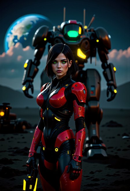 a futuristic lunar colony overlooking Earth, a fierce warrior stands ready for battle. Her medium build, dark hair, and green eyes exude a sense of determination. Dressed in a Synth-Leather red and black power armor Tactical Suit with yellow highlights, a futuristic bodysuit designed for urban operations, its glossy red  surface reflects the neon lights of the colony, contrasting to the flat black parts of the armor. The connects to her cybernetic enhancements. Segmented carbon-fiber panels reinforce her shoulders, chest, and forearms, providing protection without compromising style. She wields a plasma longsword.  Behind her a heavy mech with MechArmor, stands tall, its bulkiness a testament to the strength and versatility of the colony. The colony's domes, shimmering above the Earth's glow, provide a breathtaking backdrop, while the grey lunar landscape and mining rigs add a sense of isolation. This scene, with its off-center composition and extreme close-up on Rina's facial details, captures the essence of a futuristic warrior, showing the fusion of technology and the mysteries of the lunar colony.  <lora:RM_MechArmor_v0.9M> <lora:art and styles/MysticFantasy.safetensors:1.0>,  <lora:flux/flux_realism_lora.safetensors:1.0>,
