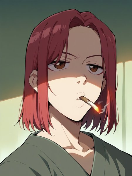 score_9, score_8_up, score_7_up, score_6_up, score_5_up,  <lora:FLCLXLP:1> flcl, brown eyes, red hair, smoking