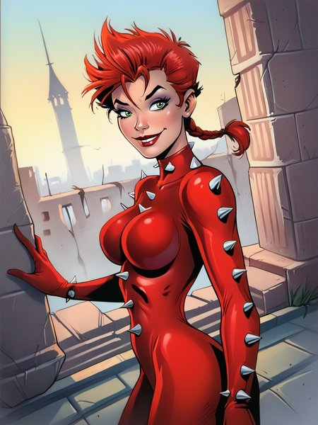 score_9, score_8_up, score_7_up, 1girl, from side, epic pose, ruins, city, looking at viewer, cowboy shot, (dynamic pose:1.1), dynamic angle, 
 <lora:RachelSummer_character:0.8> RachelSummer, very short hair, spiked hair, green eyes, red hair, latex bodysuit, spikes, makeup, evil smile, single braid,  <lora:Dean Yeagle StylePonyLyco:0.6> dystlye,