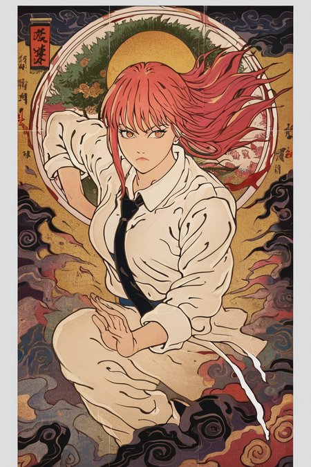 score_9, score_8_up, score_7_up, score_6_up, score_5_up, score_4_up, <lora:mak1ma0XL_Pony_v1:0.8> , mak1ma0, red hair, long hair, ringed eyes, white collared shirt,black necktie, <lora:traditional_Japanese_art:1>,  traditional japanese art, 1girl, solo, alone, fighting stance, masterpiece, highres