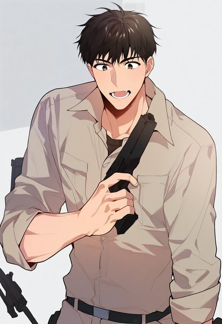 embedding:Pony\Positive\zPDXL3, 1boy, passion_taeui, weapon, gun, male focus, solo, holding, holding weapon, holding gun, open mouth, 1boy, handgun, short hair, black hair