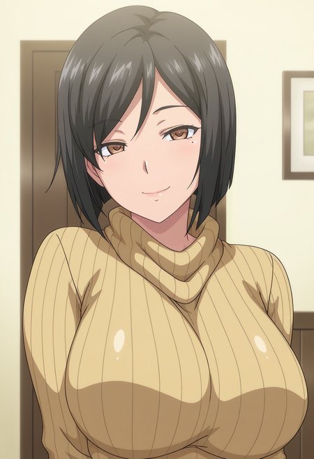1girl,solo,mm,mature female,short hair,black hair,brown eyes,mole under eye,large breasts,anime coloring,
sweater,ribbed sweater,sweater dress,turtleneck,upper body, looking at viewer, smile,indoors
,masterpiece,best quality,amazing quality,<lora:Ruiko_Okabe-Kyonyuu_Kazoku_Saimin_IL:0.8>
