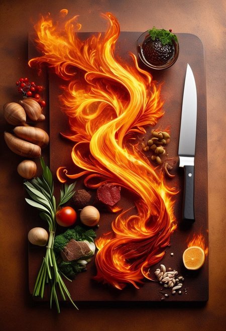 ElementsMix: fire, water, earth, and wind sitting on a cutting board, on a steel countertop, premium japanese chef's knife, mise en place, in the style of ornately prepared food photography, shot from above