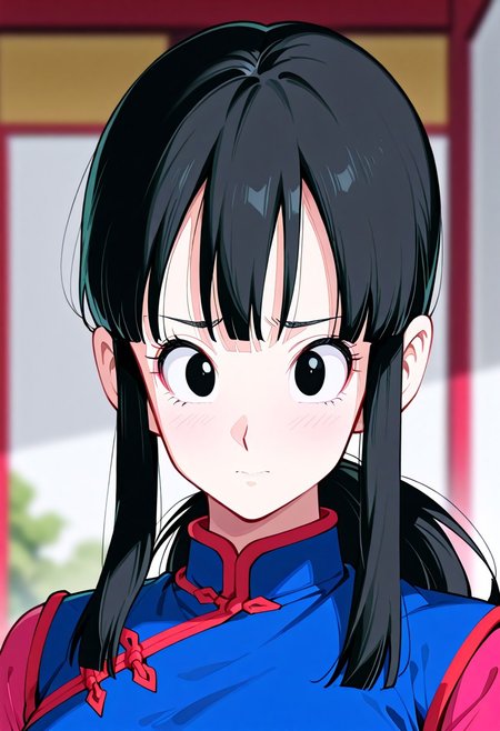 masterpiece, best quality, ultra-HD, high detail, depth of field, (blurred background),very aesthetic,8k,
chichi, 1girl, solo, black hair, long hair, black eyes, sidelocks, bangs,
outfit_dbz, chinese clothes, blue dress, portrait, timid, shy, innocent face, cute