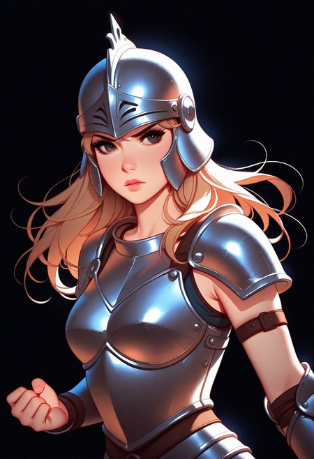 Tsuaii, flat colors,high detailed, high quality, masterpiece, 
 1girl, upper body, (black background), dynamic lighting, standing, battle stance,
steel breastplate, greek helmet,
