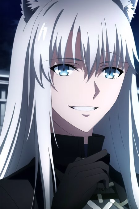 1girl, animal ears, bangs, black gloves, black jacket, full moon, gloves, grey eyes, grin, hair between eyes, hair ornament, hairclip, jacket, lappland \(arknights\), long hair, long sleeves, looking at viewer, moon, night, scar, scar across eye, scar on face, silver hair, smile, solo, upper body,  
(((masterpiece))), (highest quality), ((perfect face)), very deep eyes, (cinematic lighting), detailed eyes, best quality, sidelight, highres, (intricate details), detailed finger, (illustration:1.1), highres, (beautiful face:1.15), trending on artstation, superb, 8k wallpaper, extremely detailed, intricate, award-winning, hyper-detailed,  photorealistic background,
fate \(series\)