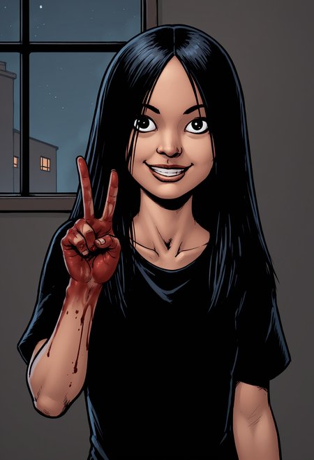 score_9, score_8_up, score_7_up, score_6_up, score_5_up, score_4_up, source_western, source_cartoon, 1girl, <lora:TheFemale:0.85> flat chest, black eyes, black hair, long hair, black shirt, blood on hands, smile, v sign, 
living room background, dark background, night time, wall, window,