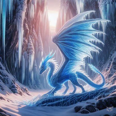 fr0stwrld, snow, ice, white ice dragon, blue eyes, icicle horns, walking on all fours, large ice blue wings