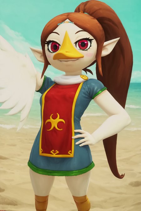 score_9, score_8_up, score_8, medium breasts,(curvy), cute, eyelashes,       BREAK, , ,,, <lora:MedliZelda_PDXL_v2:0.8>, zzMedli, solo, 1girl, brown hair, beak, pointy ears, bird, long hair, long hair, red eyes, ponytail, blue dress, red tabard,, ,,, <lora:Afrobull_PDXL_v5:0.8>,  ,,,, BREAK, smile, looking at viewer, hip to the side, hand on hip, contrapposto, embedding:zPDXL, Expressiveh, <lora:SDXLFaeTastic2400:0.5>, <lora:Expressive_H-000001:0.4>,