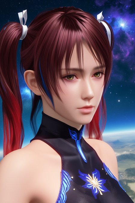 score_9,score_8,score_7_up,ultra detailed,realistic,
shandy \(doa\),1girl,solo,
((hair slicked back)),((forehead)),red hair, ((high twintails)), hair between eyes,messy_hair,black bodysuit,
portrait, multicolored hair, fringe, bare shoulders, upper body, cosmic,
 <lora:doa_shandy_pdxl_v16:0.9>