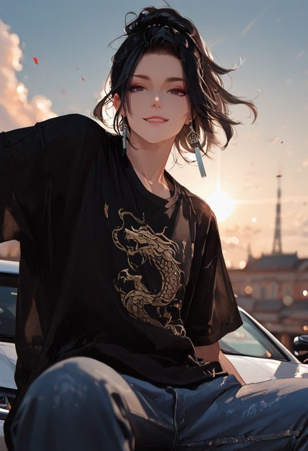 masterpiece, best quality, good quality, very aesthetic, absurdres, 
newest, 8K, depth of field, focused subject,visual storytelling,dynamic composition,
close up, stylized, scenery, bokeh,blurred background, 
Black Myth Wukong, male sun wukong, 
chinese mythology,( dynamic pose:1.3), smirking face,
upper body focus,
casual clothes, wearing luxurious jeans and luxurious black t-shirt with gothic design, expensive black watch
windblown hair, 
dramatic sky, celestial clouds, floating mountains, mythic scale, sakura petals, mystic mist, 
cinematic composition, backlighting, volumetric light, vegas city scene, symbolic environment, god-tier illustration,(sketch:1.3), sitting in the front edge of a lamborghini aventador with spoiler and body kit (car is black, chrome carbon fiber details)