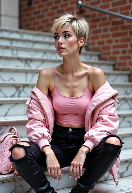 A highly detailed and artistic image of a fashionable young woman sitting confidently on a set of marble stairs. She has short, stylish blonde hair and striking makeup with bold, dark lipstick. She is wearing a sleek, pink satin crop top with thin straps, paired with black, high-waisted, ripped jeans that add an edgy touch to her look. Over her top, she wears an oversized, light pink quilted jacket with the sleeves pushed up, giving her outfit a trendy, layered appearance. She carries a luxurious, quilted pink handbag with a gold chain strap, which complements her jacket and top perfectly. Her footwear consists of sleek, black knee-high boots that add a sophisticated and chic element to her ensemble. The background features a modern, urban setting with marble stairs and a textured brick wall, providing a contrasting backdrop that highlights her fashionable attire. The lighting soft and natural, casting gentle shadows to enhance the textures and details of her clothing and accessories. The image captures her poised and confident demeanor, with her gaze directed slightly away from the camera, adding a sense of intrigue and elegance to the scene. The overall aesthetic highly artistic, with a focus on fashion and urban chic. 1980s, fashion shoot, designer clothes, aerobics, punk chic, power dressing, oversized.  <lora:FLUX.1-DEV_-_Wild_1980s_Fashions_LoRA:0.9>, <lora:realism_lora:0.8>, hyp3rd3tail style <lora:hyper-detail-illustration:0.4>