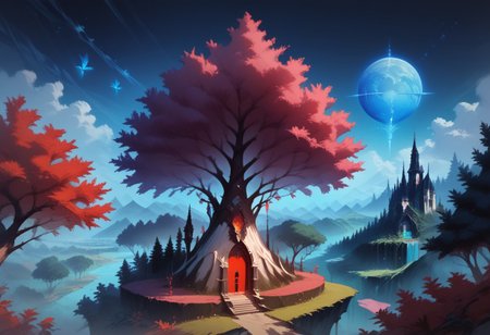 (score_9), (score_8_up), (score_7_up), (Cell Shading), (source_anime)+, (masterpiece), best quality, tree, bioluminescent trees, floating islands, fantasy aesthetic, misty atmosphere, surreal sky, lucid void