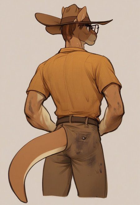 score_9, score_8_up, score_7_up, score_6_up, (glasses:1.2), (spectacles:1.4), score_5_up, source_furry, kangaroo, anthro, muscular, twink, lean, indiana jones, cowboy hat, looking forward, looking directly away, dirty clothes, shirt, brown trousers, lizard tail, simple background, highly detailed, sketch, bold lines, looking right, (looking away:1.2), (back to camera:1.3), <lora:Forgewielder_Style_PONY_XL:1>