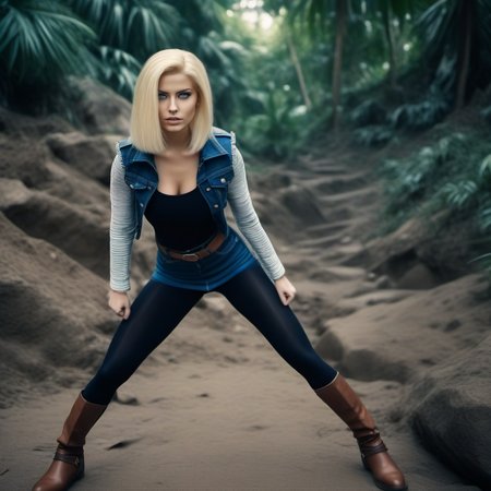 cinematic photo a blond platinium woman with a jeans jacket, black tights, jeans miniskirt, brown boots, fighting poses, beach jungle<lora:Android18-1024:0.8> . 35mm photograph, film, bokeh, professional, 4k, highly detailed