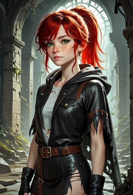 1girl, Masterpiece, 8k, ultra high detail, score_7 up, 
volumetric lighting, vivid colors, vibrant colors,  score_8_up, score_9,  small breast size, sporty red ponytail hair,  fcNeg, stunning green eyes, freckles, white skin, small nose, innocent beauty, slim face,  cute face, skinny body, perfect body, extreme detailed body, intence green eyes,  perfect face, ultra high detailed face, perfect eyes, petite, 
Face fokus, fokus on face, 
Leather wasteland warrior clothes, dark tattered cloak violently thrashing, dark long torn cloak with hood down, dark hood down, 
w4stel4nd3r, fingerless gloves, belt, torn clothes, 2 different leather short skirts,  
d3t41l3d, zPDXL3, 
Inside old ruins,