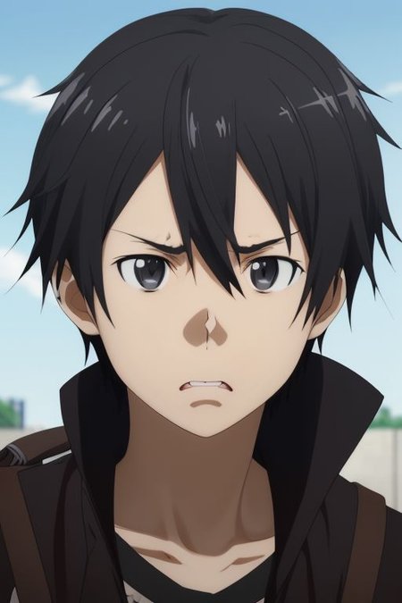 high resolution, solo, best quality, 1Boy, Kazuto Kirigaya, portraits, Black Hair, Black Eyes, anger, fight, OverallDetail