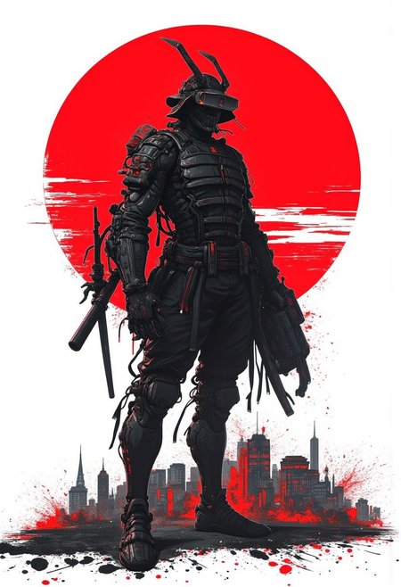 cyberpunk, anime, Cyber Punk Tradicional cyborg Samurai on a standing warrior pose with a red sun and city behind, highly detailed Mayhem style splattered Silhouette a3 print amazing street art oitsi, 8k full body full image sticker white background one colour bizarre ghetto transmission Charles Schulz style minimalist, conceptual art posing Japanese, conceptual, 3d render, illustration, cinematic, photo
epic action, Unreal Engine, cinematic award winning artwork, many details, extreme detailed, full of details,Wide range of colors., dramatic, Dynamic,Cinematic,Sharp details, Insane quality. Insane resolution. Insane details. Masterpiece. 32k resolution. casting shadow style, cucoloris patterned illumination,  dvr-lnds-sdxl, ral-dissolve, ral-ertmsphr, ral-porcelain, ral-pxlprtcl, Niji, aidma-niji