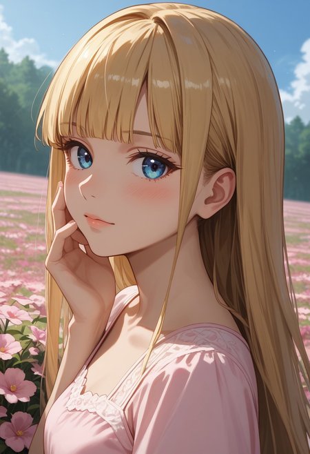 (score_9, score_8_up, score_7_up), 1girl, solo,( blonde hair), blue eyes, long hair, hime cut, long bangs, small breasts,  pink dress, white dress, nature, field, short sleeves, collarbone, standing,  looking at viewer,
 (from side,relaxed, dutch angle:1.2), hands, flowers, (pink flowers:1.3), blushing, hands on face,
(face focus, close-up, , looking at viewer:1.4),
