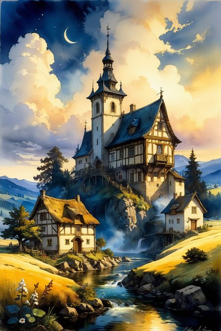 A hyper-realistic, ultra-detailed watercolor painting featuring a fantastical landscape with a village at the end of time. The scene has a perfect composition and chiaroscuro inspired by Rembrandt, with concept art elements by Mariusz Lewandowski, Louis Aston Knight, Karine Eibatova, John Howe, Jessica Rossier, JarosÅaw JaÅnikowski, Inessa Garmash, HenriÃ«tte Ronner-Knip, and Harumi Hironaka. The painting is vibrant, beautiful, painterly, detailed, and textural.
Watercolor painting, masterpiece, best quality, hyper detailed, ultra realistic, 32k, RAW photo, landscape, fantasy, village at the end of time, perfect composition, chiaroscuro by Rembrandt, concept art, vibrant, beautiful, painterly, detailed, textural, artistic, Rembrandt, Mariusz Lewandowski, Louis Aston Knight, Karine Eibatova, John Howe, Jessica Rossier, JarosÅaw JaÅnikowski, Inessa Garmash, HenriÃ«tte Ronner-Knip, Harumi Hironaka.
<lora:add-detail-xl:1.0>,
<lora:EnvyBetterHiresFixXL01:1.0>,
<lora:extremely_detailed:1.0>, extremely detailed,
<lora:EldritchMixIllustration_1.1:0.6>,
<lora:watercolor:0.4> watercolor,
<lora:EnvyInkSwirlXL01:0.25> swirling ink,