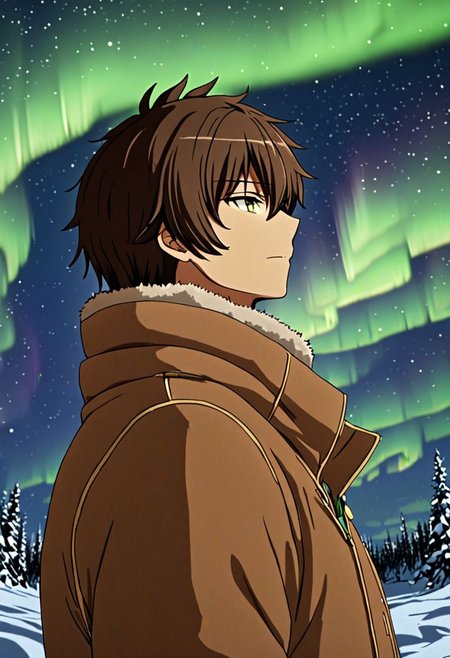 high resolution, solo, best quality, 1Boy, Seiya Kanie, Brownish Hair, winter, Northern Lights, Stargazing, OverallDetail
