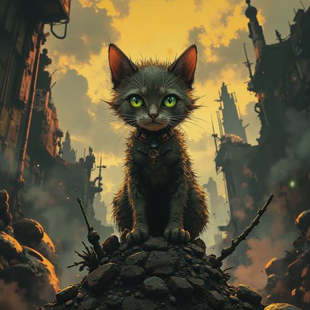 In a desolate, post-apocalyptic landscape, a small, fluffy cat with piercing green eyes gazes directly at the viewer, its expression a mix of pride and defiance. The cat's fur is a mesmerizing blend of vibrant, iridescent hues, as if infused with the essence of the stars it has witnessed from its perch atop a crumbling, mechanical relic.  In the background, the remnants of a futuristic cityscape stretch towards the horizon, shrouded in a haze of murkiness and grime, while the sky above glows with an eerie, golden hour light. Lumin, <lora:Flux_Turbo_Alpha.safetensors:1.0> <lora:Luminous_Shadowscape-000016.safetensors:0.5> luminous shadowscape <lora:aidmaImageUprader-FLUX-v0.3.safetensors:0.4> aidmaimageupgrader