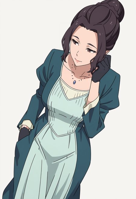 Smooth Quality,masterpiece,very intricate, high quality details, ultra realistic, high detailed skin,detailed enviorement,absurdres,
simple background, white background,
walking, one hand in pocket, looking aside, casual, confident,  ,dynamic angle,
 <lora:Blumund_Queen_cnn:0.7>blumundqueencnn,1girl, black hair, hair bun,mature female, 
long sleeves, blue dress, black gloves,jewelry, necklace,