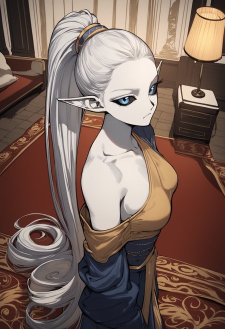 score_9, score_8_up, score_7_up,
1girl, pale skin, white hair, long bang ponytail, pointed ears, blue eyes, black sclera, medium breasts, 
indian sari, golden links, one shoulder, bindi, covered breasts, fully clothed,
Indian palace, carpets, pillows, lamps, 
standing, serious look, high Angle, from side, looking at viewer,
 <lora:Muryo-_style:1>,muryo,