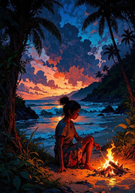 Concept painting, a young, beautiful Melanesian woman with deep, rich dark skin and untamed, fuzzy hair tied into a wild ponytail with loose strands framing her face. She wears a lightweight, earth-toned t-shirt and a vibrantly patterned wrapped skirt, the fabric catching the flickering glow of firelight. She is sitting on the beach, small in the frame, framed by dense, dark jungle foliage in the foreground on both sides, the tangled vines and towering coconut trees casting deep shadows. The last light of day glows faintly on the horizon, blending fiery oranges and purples into the deepening indigo sky. The ocean shimmers with the fading light, waves rolling gently onto the shore. A small, crackling campfire near her flickers against the twilight, casting a soft golden glow onto the sand and illuminating embers that swirl into the night air like drifting fireflies. The scene is atmospheric, moody, and cinematic, with dramatic light and shadow, painterly textures, and a sense of solitude and wonder. Painterly textures, ultra-detailed, cinematic lighting, atmospheric realism, warm and cool contrast, concept art style. DB4RZ, DB4RZ style painting