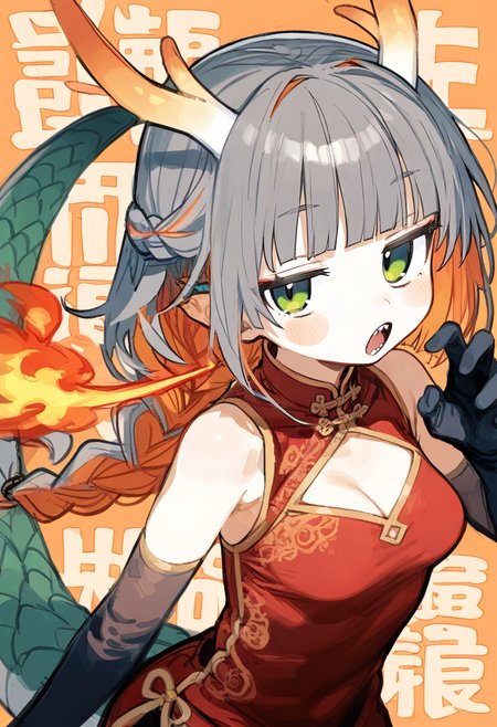 1girl,chis-a,voisona,:o,alternate costume,black gloves,blunt bangs,blush stickers,braid,braided ponytail,breasts,breath weapon,breathing fire,china dress,chinese clothes,claw pose,cleavage cutout,clothing cutout,colored inner hair,detached sleeves,dragon girl,dragon horns,dragon tail,dress,elbow gloves,fire,gao,gloves,green eyes,grey hair,horns,jitome,leaning to the side,looking at viewer,medium breasts,multicolored hair,orange background,orange hair,pankou,red dress,see-through clothes,see-through sleeves,sharp teeth,simple background,sleeveless,sleeveless dress,solo,tail,teeth,text background,upper body <lora:n_XL_NBVP1_lokr_V6311P:0.95>