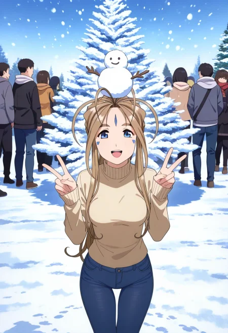 masterpiece,best quality,newest,absurdres,highres,very awa, 

1girl, thigh gap, slim legs, slim_thigh, smile, perfect_eyes,
looking_at_viewer, 
Belldandy, medium_breasts, 
standing, open_mouth, upper_teeth,  
sweater, jeans, v pose,
Snow piled on head and shoulders,

cowboy_shot, from_side,

outdoors, park, merry_christmas, christmas_tree, crowded, snow,snowing, 