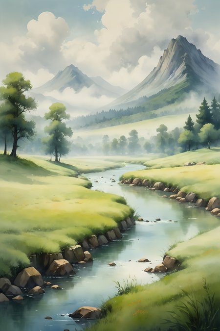 <lora:Retro_Illustration:1> 2d game scene, oil and watercolor painting, scenery, drawing of a minimalist landscape, river, meadow, mist, clouds, mountain, tree, forest, (masterpiece:1.2), best quality, (masterpiece:1.2), best quality