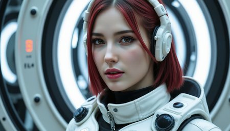 award winning portrait photo of a female rogue assassin, Goal from Deponia, redhead girl, wearing a white cyberpunk intricate streetwear exoskeleton spacesuit, (backlighting:1.3), digital painting, concept art, smooth, sharp focus, rule of thirds, dark fantasy,intricate details, medium shot, (shallow depth of field:1.1), by sandra chevrier, Style-Psycho
