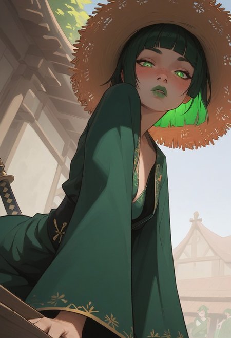 score_9,score_8_up,score_7_up,raw,realisitc, hetero, dutch angle, (1girl), (solo), source_anime ,green eyes, glowing eyes, short hair, green hair,petite body, small breasts, small ass, pale skin, pale skintone, green kimono, green bra, anime style drawing, (((very aesthetic))), (((unique angle))), green lips, upper lip and lower lip different colors, upper lip green and lower lip yellow color, ponytail hairstyle, bangs, blunt cut bangs, gradient hair, gradient lips, freckle, at market, market background, shopping, green kimono, straw hat, sandagosa, japanese buildings, suprised face,( blushy:1.4), cleavege, tits visible from below, green eyebrows, (((detailed drawing))), perfect face, perfect drawing, katana, ((((katana hanging on her back)))), perfect hands, ass focus, back turned,wide hips, big ass,