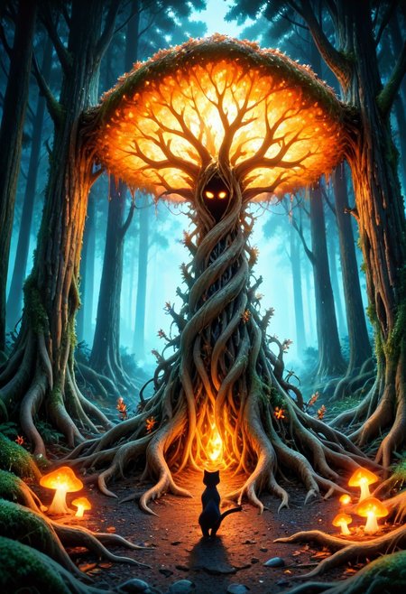 ,(cat:1.2), A sprawling forest at dusk where gigantic tree roots twist above ground, entwining to form the silhouette of a deer, with glowing mushrooms illuminating the scene, ethereal and magical atmosphere, high detail. .,masterpiece, best quality, newest, absurdres, highres, safe,morph-treeroots