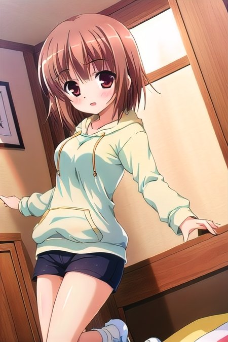 (1girl), masterpiece, best quality, absurdres, cute, extremely detailed face, perfect lighting, (bedroom), kashii airi, short hair, brown hair, hoodie, shirt, shorts, jumping, outdoor, <lora:kashii_airi:0.8>,