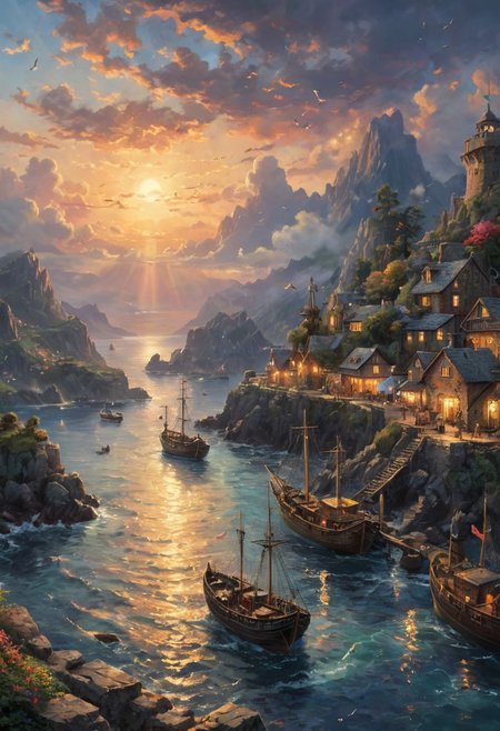 a beautiful painting of an harbour at sunset with islands scattered in the sea and ships in the storming sea. in style of impressionism. dark fantasy, hyper detailed, sharp focus, soft light. oil on canvas, ray tracing. trending on artstation, romantic impressionism, dream scenery art, beautiful oil matte painting, romantic, style of thomas kinkade, beautiful digital painting, anime landscape, romantic painting, thomas kinkade style painting, dreamlike digital painting, colorful painting, beautiful gorgeous digital art, style thomas kinkade <lora:add_detail:0.5>