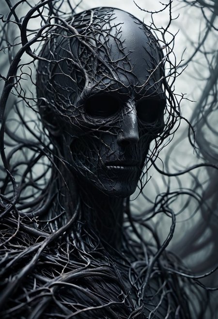fractalvines, the Grim Reaper made from black fractal vines, gloomy, portrait, close-up shot,