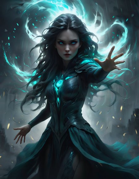 Capture the awe-inspiring power of a wind sorceress as she conjures a spell with elegant gestures, unleashing a devastating hurricane. Emphasize her delicate hands amidst a swirling tornado and her hair fluttering in the wind. Set the scene with a white, teal, and grey colour palette, enhanced by HDR and ray tracing for a visually stunning masterpiece.