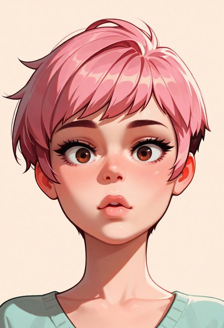 chibi, high contrast, masterpiece, best quality, amazing quality, very aesthetic, retro artstyle, realistic, promotional art, newest, volumetric lighting.
(artist:incase:0.5), (artist:tsuaii:0.5), color theory,
1girl, face, solo, straight-on, focus on face, front view, portrait, (intrigued: 1.5), Pixie cut, pink hair, brown eyes, luminescent background, simple background.
