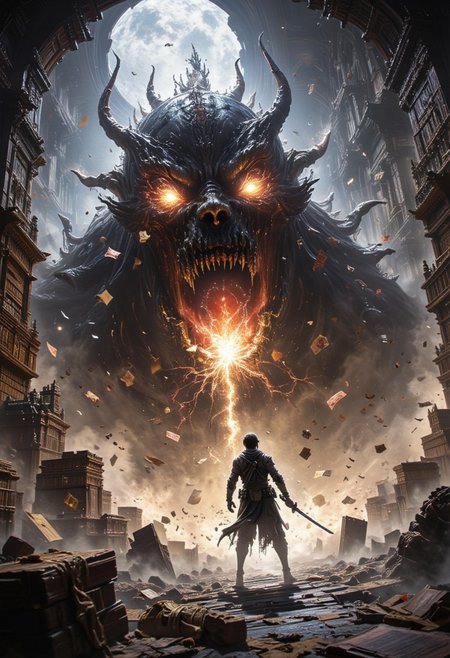 In a grand library, a man stands in a fierce battle against a gigantic, menacing book. The book is wide open, its pages flapping wildly as it lunges toward him, spewing torn sheets of paper and slimy drool in every direction. The man, wielding a sword, braces himself against the onslaught, determination etched on his face. As the book roars in fury, an explosive shockwave emanates from its mouth, distorting the air around it. Surrounding shelves overflow with scattered tomes and fluttering pages, creating a chaotic yet surreal atmosphere, capturing the intensity of this unusual literary battle.