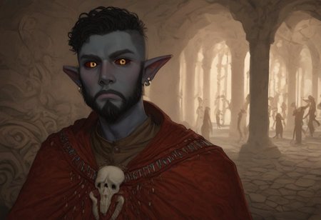 solo, short pointy ears, piercings, random elf face, aquiline features, male dark elf, masculine, long beard, weathered skin, large nose, athletic build,  animated realism, zoomed out, Syrian features, torso, brass pipes and gears, intricate architecture, dwarven masonry, dwemer fixtures, white-green light, gloomy lighting, ancient ruins, interior, stone tiled floor, grey-blue skin, mahogany and ivory clothes, medium armor, bone plate armor, ivory straps and fittings, grey wood neckguard, dark red sclera, black pupils, distant mushroom forest, blue-green light, neon, highly detailed, defined features, looking at viewer, three quarters view, from front, dynamic lighting, 56 years old, light and shadows, patterned cloth, annoyed expression, expressive eyes, detailed medieval clothes, short hair, wavy hair, thick hair, beaded hair, braided hair, under cut hair, semirealistic, alien elf, spanish features, jewish features, black hair, dark red hair, umber skin, sharp features, pastel green berber print cloak, nighttime, high detail, absurdres, pretty eyes, detailed eyes, yellow eyes,