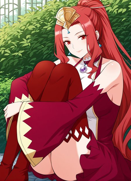 <lora:Cao_Ying__Battle_Through_the_Heavens__Illustrious:1>
1girl, solo, red eyes, sharp eyes, long hair, high ponytail, red hair, ahoge, hair ribbon, hair ornament, wavy hair, sidelocks, anime style, 
fantasy outfit, ornate dress, sleeveless dress, off shoulder, high collar, flared sleeves, asymmetrical skirt, short dress, wide sleeves, detached sleeves, red sleeves, red thighhighs, thigh boots, red boots, fantasy outfit, ornate dress, gemstone necklace, tiara,forehead jewel, earrings, elegant, royal, fantasy girl, 
score_9, score_8_up, score_7_up, very aesthetic, source_anime, detailed, high quality, beautiful, detailed eyes, masterpiece, best quality, absurdres, perfect anatomy, 1girl, solo, hugging your own legs, sitting, garden background, charming smile, nigh