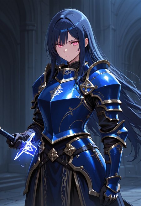 masterpiece, best quality, very aesthetic, absurdres, safe, pink eyes, armor, blue armor, gloves, 1girl, long hair, dark blue hair, sword in hand
