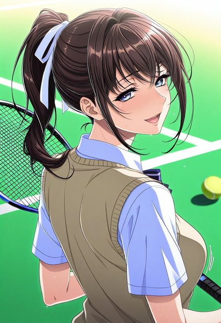 masterpiece, best quality, newest, highres, uncensored, 1girl, yokota mamoru style,1girl, slender face，motion lines,blush,torogao,looking at the viewer,seductive smile
Ichinose Ayako,Brown Hair, Ponytail, Shoulder-length Hair,Long Hair, Sidehair, Straight Hair,Violet Eyes,Slim
1girl,solo
1girl, solo, ball, ponytail, racket, tennis ball, tennis racket, long hair, blue eyes, open mouth, looking back, ribbon, school uniform, hair ribbon, smile, sweater vest, sweat