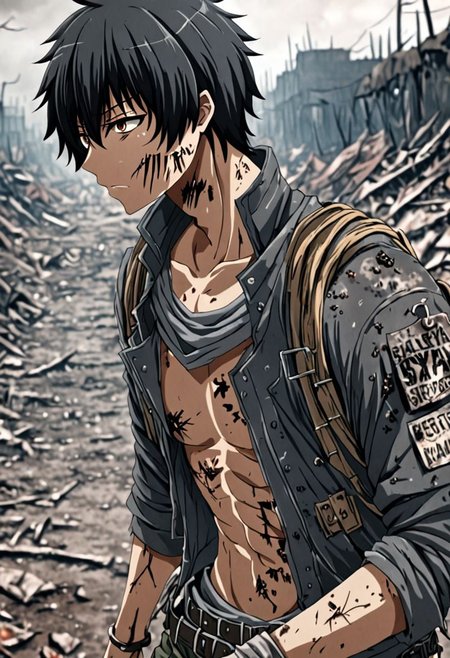 high resolution, solo, best quality, 1Boy, Seiya Kanie, black hair, short hair, shallow depth of field, Post-Apocalyptic, survival, OverallDetail