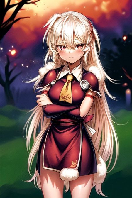 best quality 1girl Setsun4 solo long hair,  (night time) forest background black hair very long hair purple eyes multicolored hair armor, small, (fur trim) (medium body),<lora:EMS-179-EMS:0.800000>,<lora:EMS-293862-EMS:0.800000> bow, hair_bow, hair_tubes, red_bow, brown_hair, long_hair, bangs, ascot, frilled_bow, yellow_ascot, blush, smile, hair_between_eyes, athletic, armor, miko, strengthmda, crossed arms, Smiling, happy